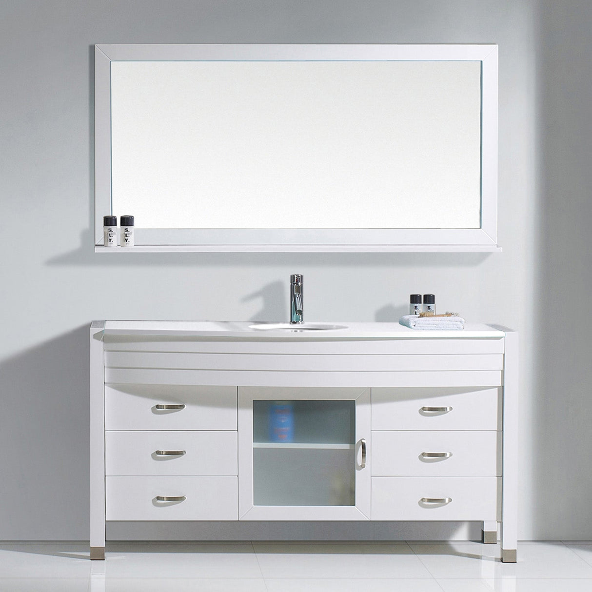 Virtu USA Ava 61" Single Bath Vanity with White Engineered Stone Top and Round Sink with Brushed Nickel Faucet with Matching Mirror