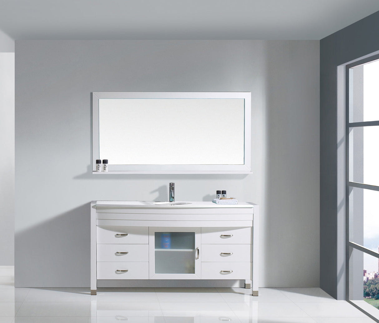 Virtu USA Ava 61" Single Bath Vanity with White Engineered Stone Top and Round Sink with Brushed Nickel Faucet with Matching Mirror