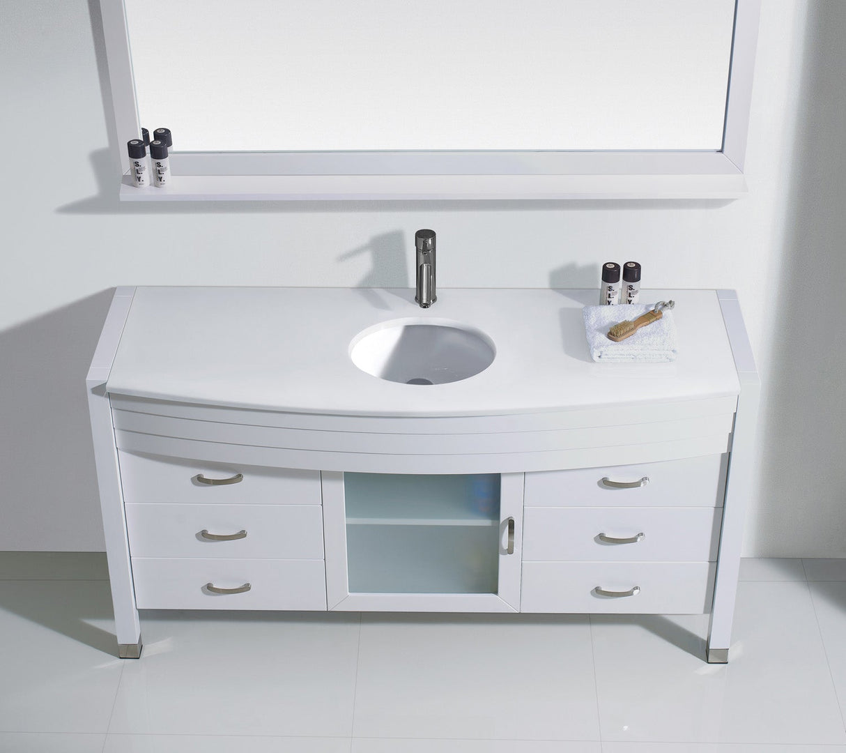 Virtu USA Ava 61" Single Bath Vanity with White Engineered Stone Top and Round Sink with Brushed Nickel Faucet with Matching Mirror