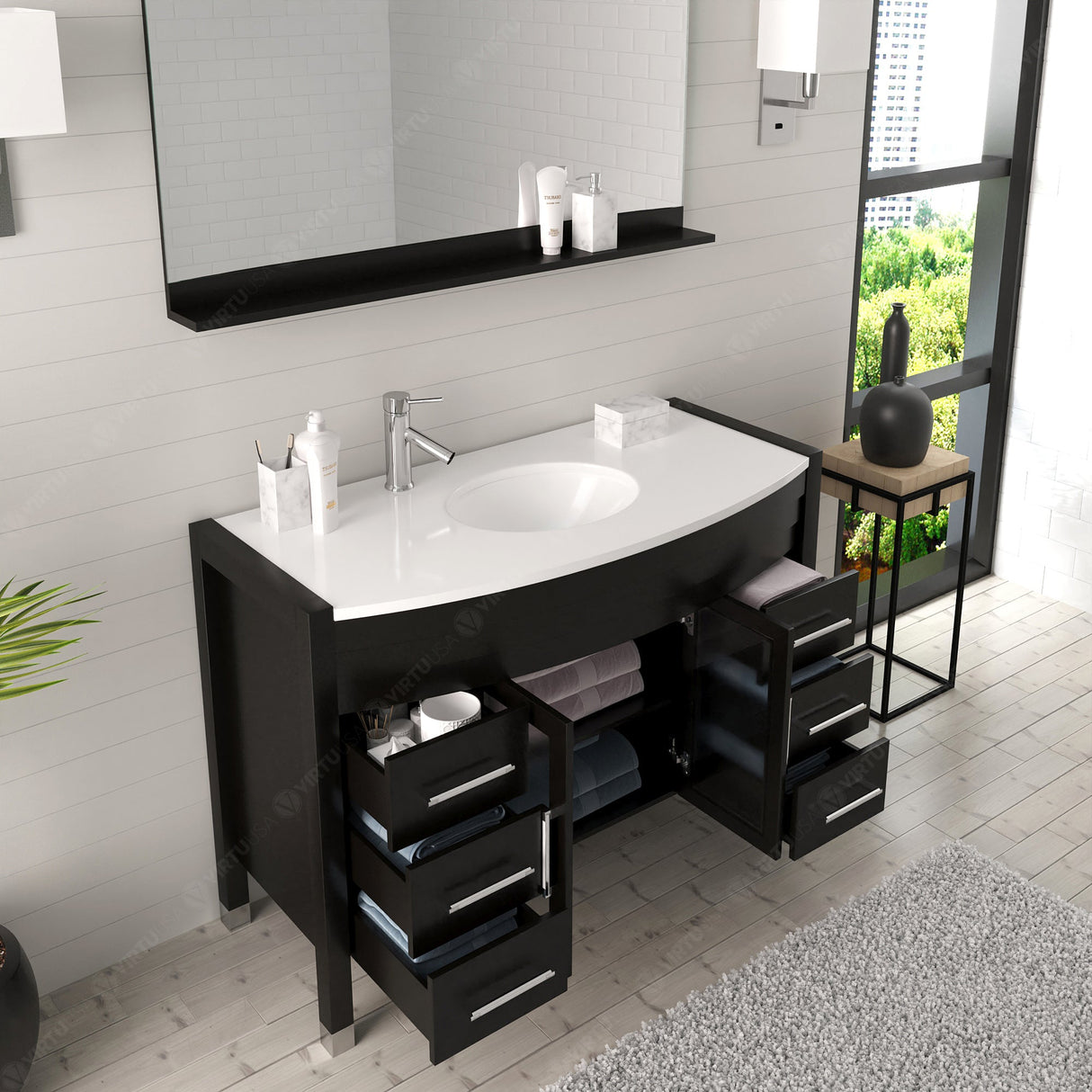 Virtu USA Ava 48" Single Bath Vanity with White Engineered Stone Top and Round Sink with Matching Mirror