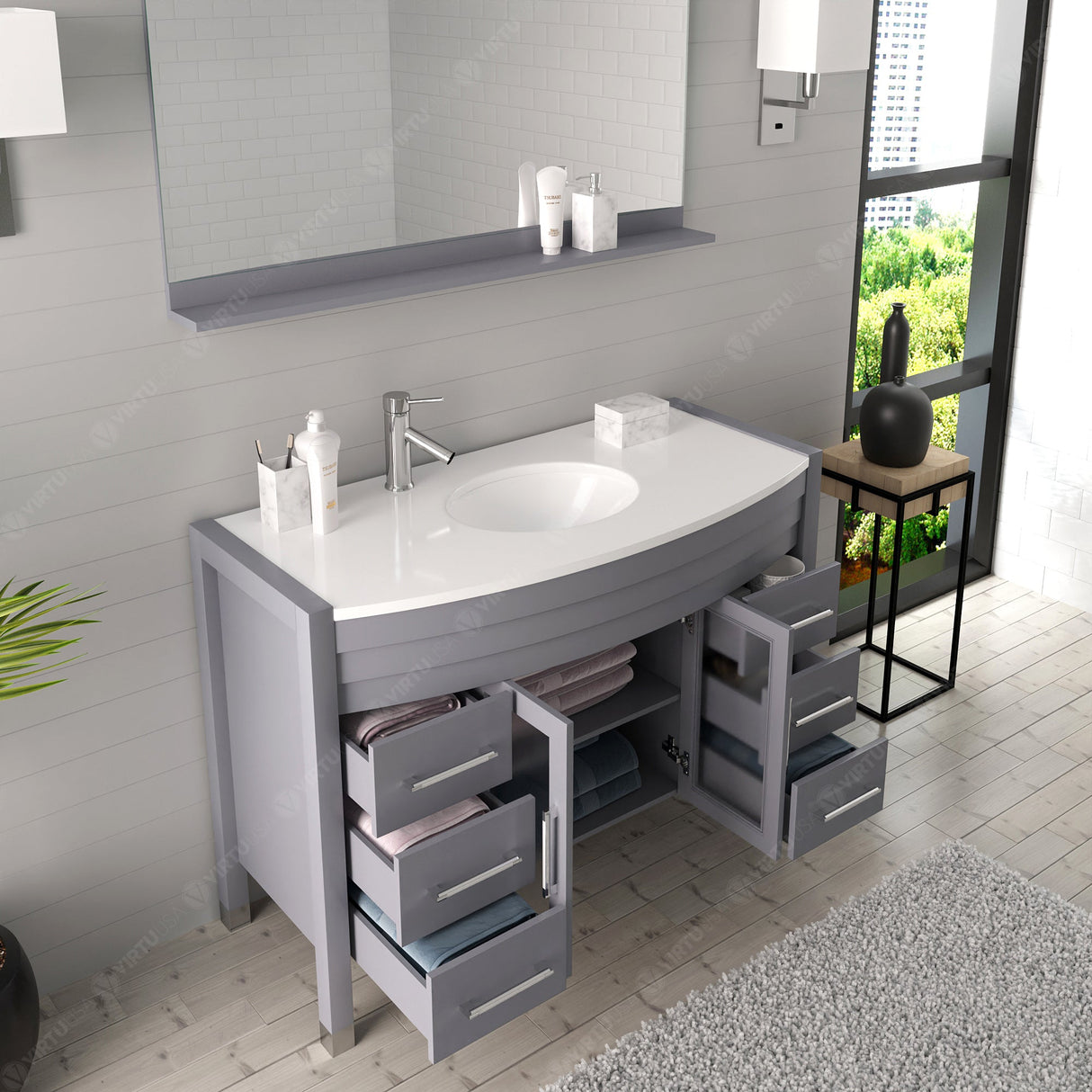 Virtu USA Ava 48" Single Bath Vanity with White Engineered Stone Top and Round Sink with Matching Mirror