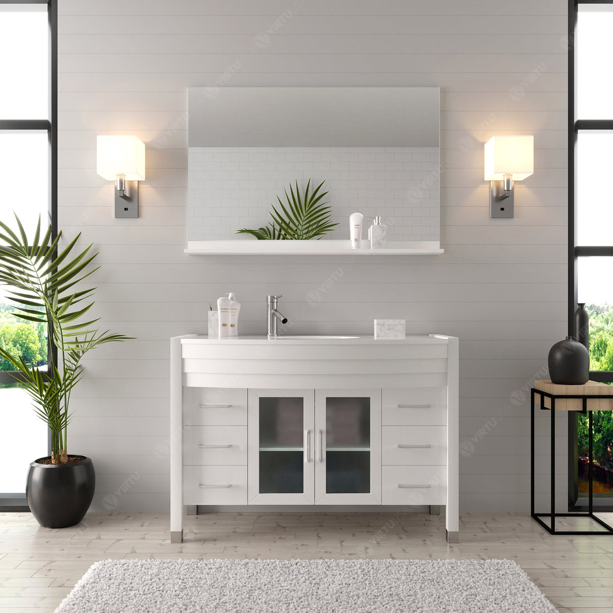 Virtu USA Ava 48" Single Bath Vanity with White Engineered Stone Top and Round Sink with Brushed Nickel Faucet with Matching Mirror
