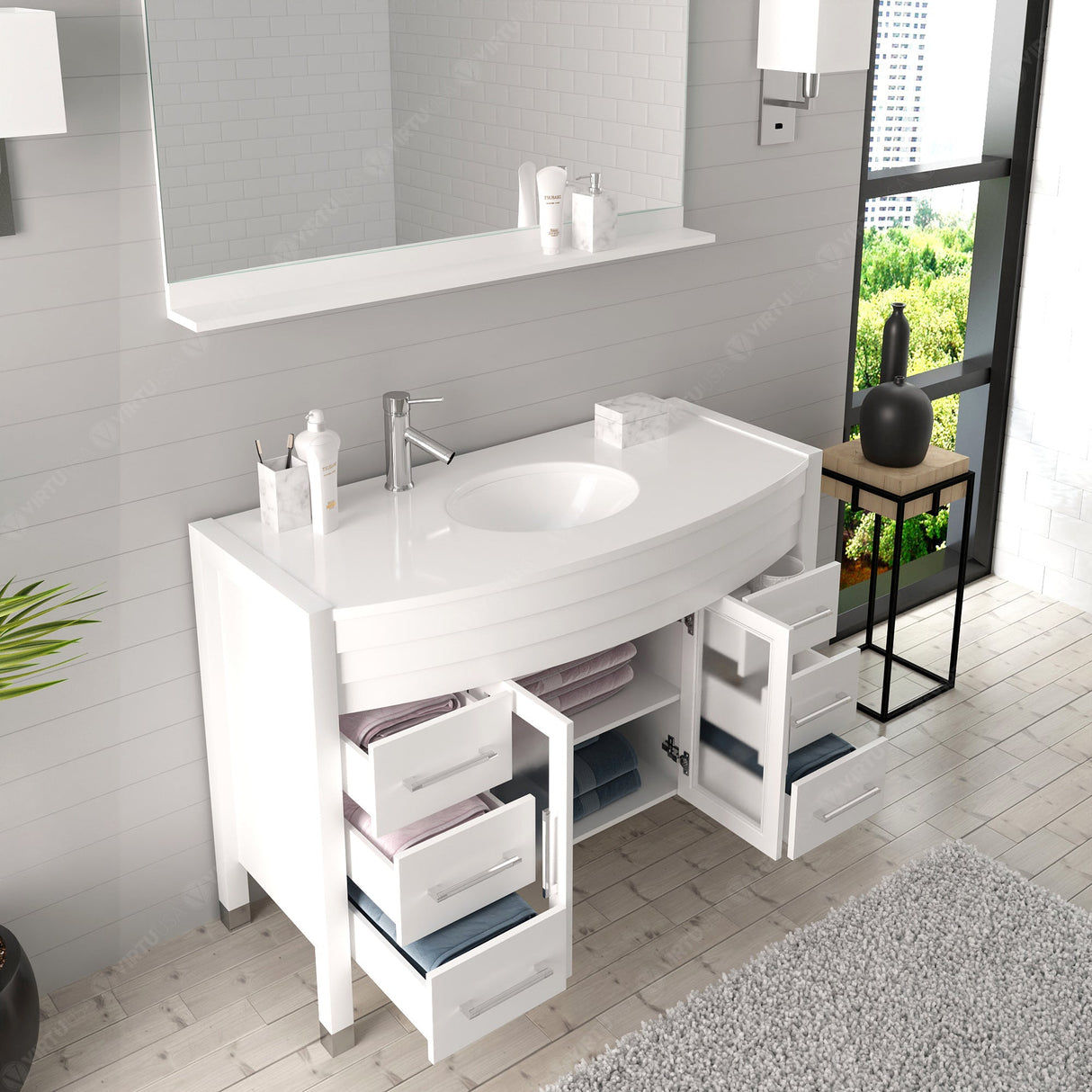 Virtu USA Ava 48" Single Bath Vanity with White Engineered Stone Top and Round Sink with Matching Mirror