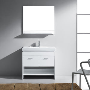 Virtu USA Gloria 36" Single Bath Vanity in White with White Ceramic Top and Integrated Square Sink with Brushed Nickel Faucet with Matching Mirror