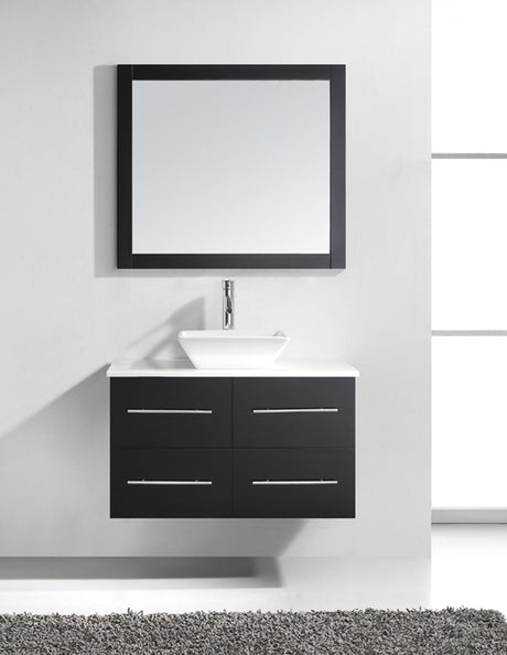 Virtu USA Marsala 35" Single Bath Vanity with White Engineered Stone Top and Square Sink with Brushed Nickel Faucet with Matching Mirror