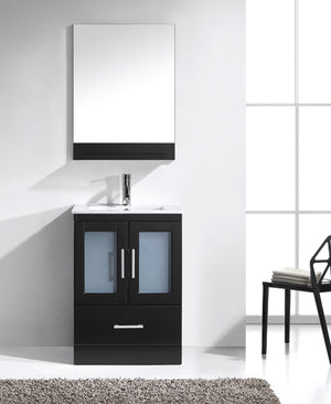 Virtu USA Zola 24" Single Bath Vanity with White Ceramic Top and Integrated Square Sink with Brushed Nickel Faucet with Matching Mirror