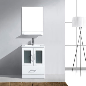 Virtu USA Zola 24" Single Bath Vanity with White Ceramic Top and Integrated Square Sink with Brushed Nickel Faucet with Matching Mirror