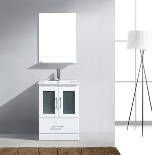 Virtu USA Zola 24" Single Bath Vanity with White Ceramic Top and Integrated Square Sink with Brushed Nickel Faucet with Matching Mirror