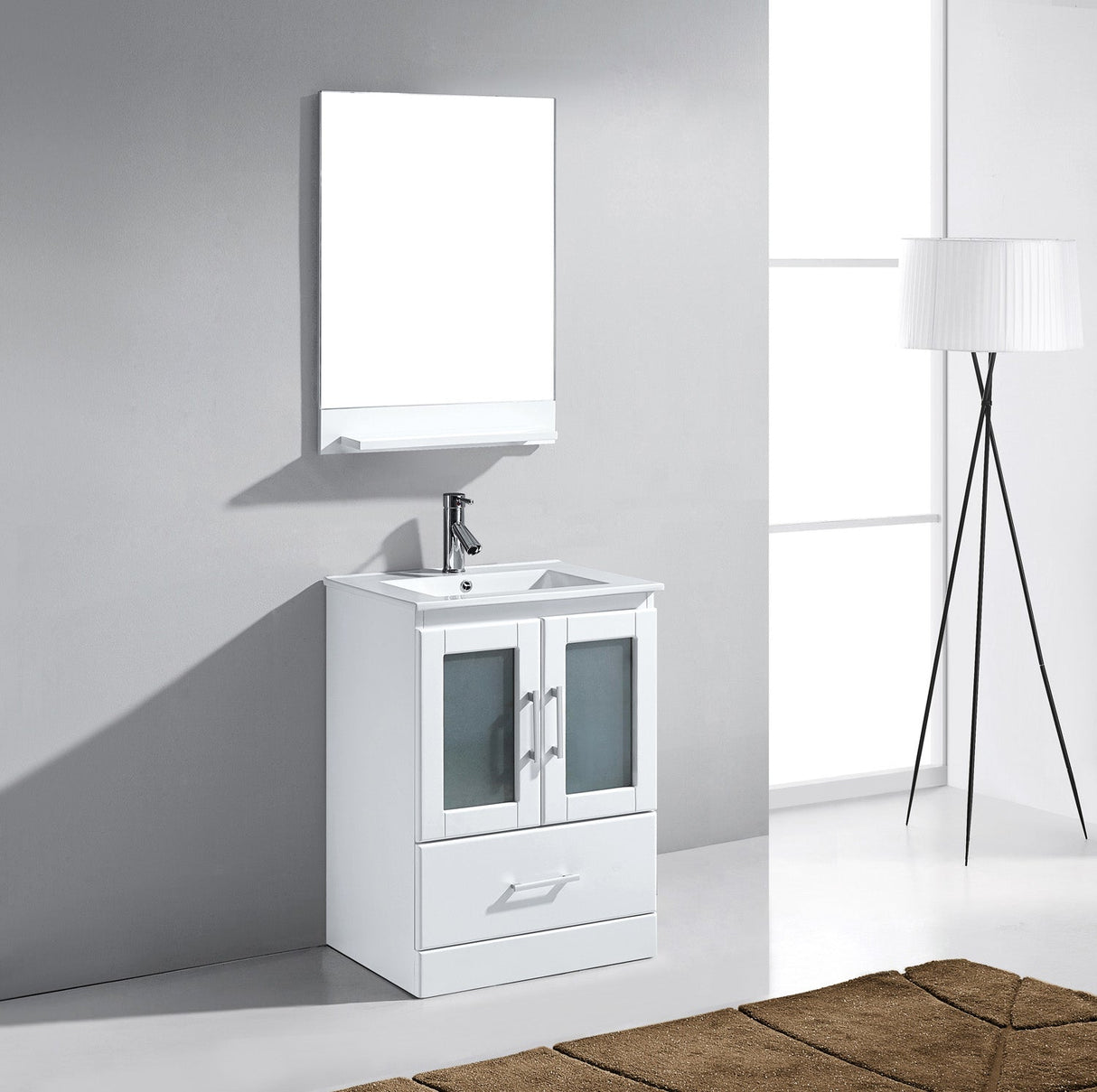 Virtu USA Zola 24" Single Bath Vanity with White Ceramic Top and Integrated Square Sink with Matching Mirror