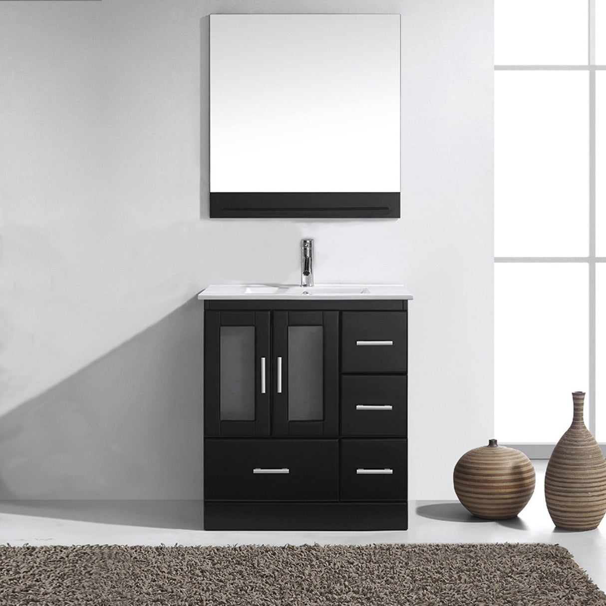 Virtu USA Zola 30" Single Bath Vanity with White Ceramic Top and Integrated Square Sink with Brushed Nickel Faucet with Matching Mirror
