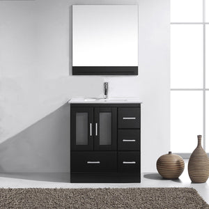 Virtu USA Zola 30" Single Bath Vanity with White Ceramic Top and Integrated Square Sink with Brushed Nickel Faucet with Matching Mirror