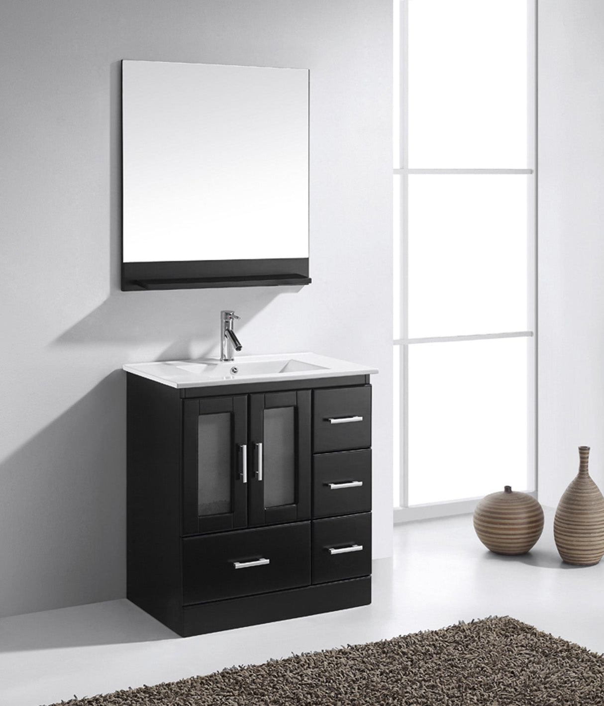 Virtu USA Zola 30" Single Bath Vanity with White Ceramic Top and Integrated Square Sink with Brushed Nickel Faucet with Matching Mirror