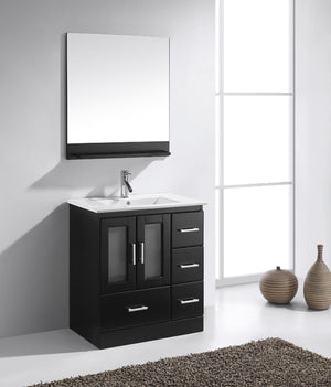 Virtu USA Zola 30" Single Bath Vanity with White Ceramic Top and Integrated Square Sink with Brushed Nickel Faucet with Matching Mirror