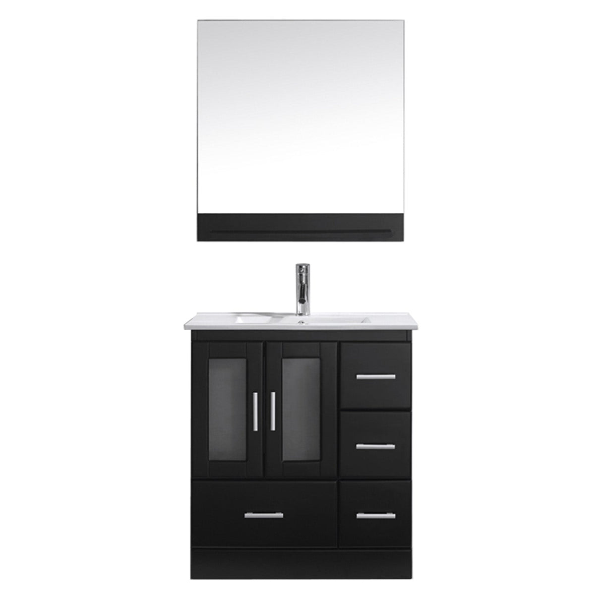 Virtu USA Zola 30" Single Bath Vanity with White Ceramic Top and Integrated Square Sink with Brushed Nickel Faucet with Matching Mirror