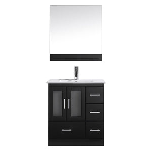 Virtu USA Zola 30" Single Bath Vanity with White Ceramic Top and Integrated Square Sink with Brushed Nickel Faucet with Matching Mirror