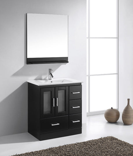 Virtu USA Zola 30" Single Bath Vanity with White Ceramic Top and Integrated Square Sink with Matching Mirror