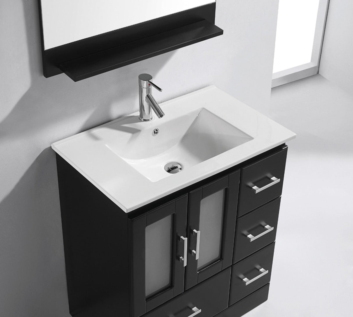 Virtu USA Zola 30" Single Bath Vanity with White Ceramic Top and Integrated Square Sink with Matching Mirror
