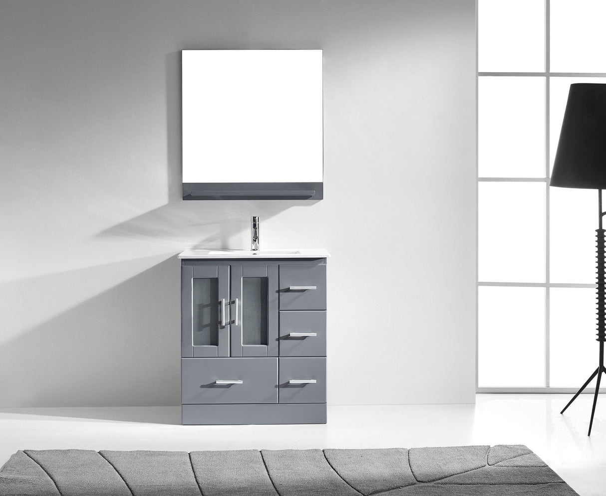 Virtu USA Zola 30" Single Bath Vanity with White Ceramic Top and Integrated Square Sink with Brushed Nickel Faucet with Matching Mirror