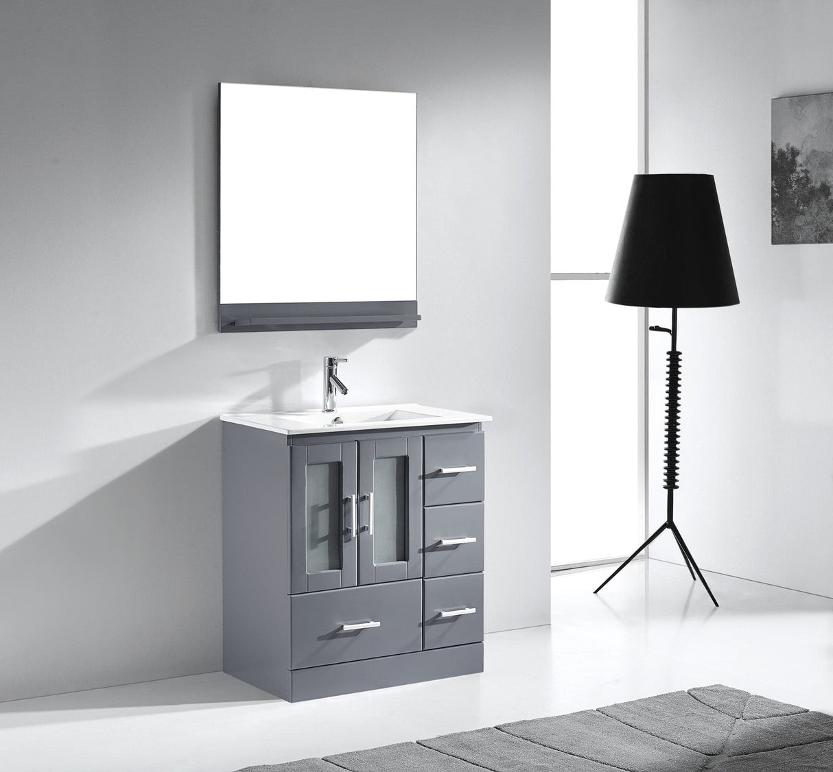 Virtu USA Zola 30" Single Bath Vanity with White Ceramic Top and Integrated Square Sink with Brushed Nickel Faucet with Matching Mirror