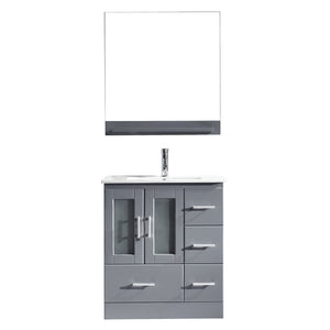 Virtu USA Zola 30" Single Bath Vanity with White Ceramic Top and Integrated Square Sink with Brushed Nickel Faucet with Matching Mirror