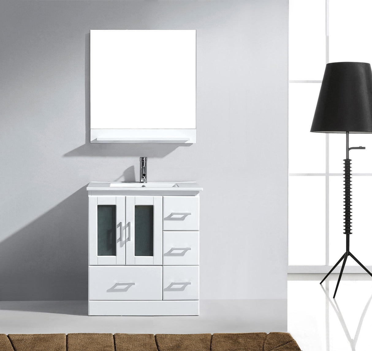 Virtu USA Zola 30" Single Bath Vanity with White Ceramic Top and Integrated Square Sink with Brushed Nickel Faucet with Matching Mirror