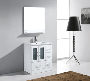 Virtu USA Zola 30" Single Bath Vanity with White Ceramic Top and Integrated Square Sink with Brushed Nickel Faucet with Matching Mirror