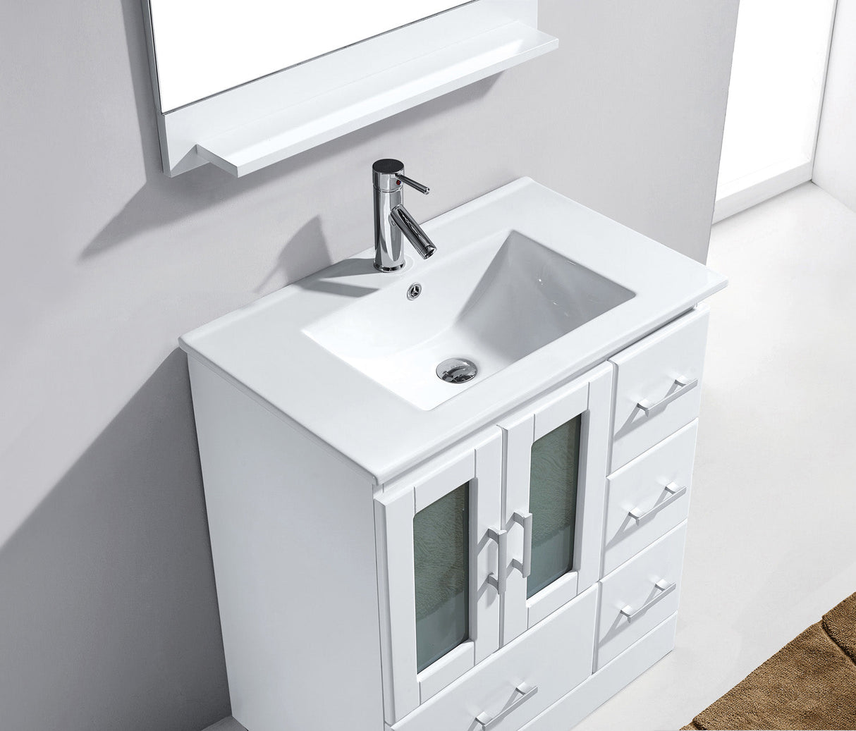 Virtu USA Zola 30" Single Bath Vanity with White Ceramic Top and Integrated Square Sink with Brushed Nickel Faucet with Matching Mirror