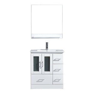 Virtu USA Zola 30" Single Bath Vanity with White Ceramic Top and Integrated Square Sink with Brushed Nickel Faucet with Matching Mirror