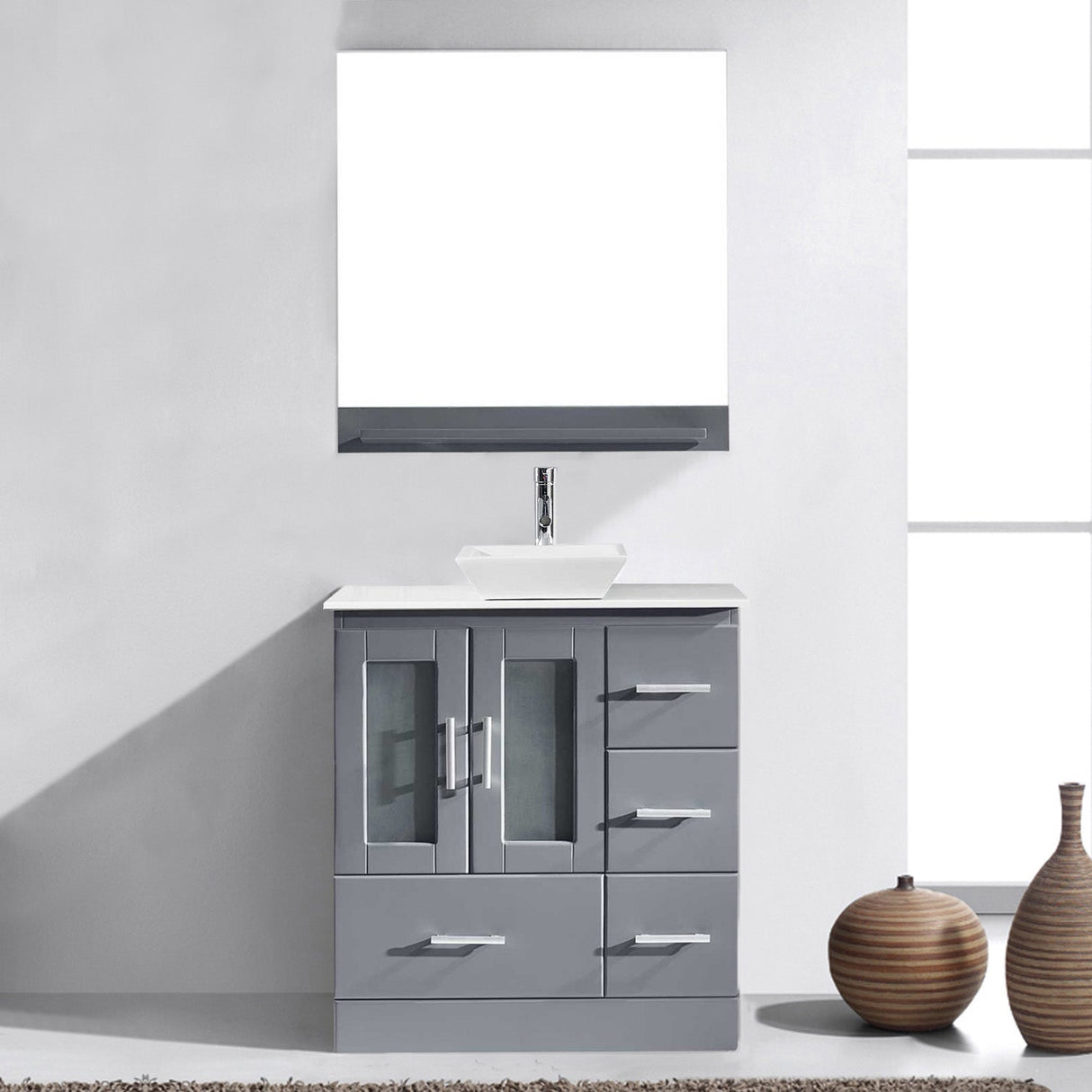 Virtu USA Zola 30" Single Bath Vanity with White Engineered Stone Top and Square Sink with Brushed Nickel Faucet and Mirror - Luxe Bathroom Vanities