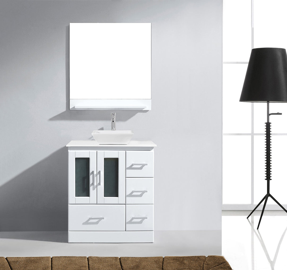 Virtu USA Zola 30" Single Bath Vanity with White Engineered Stone Top and Square Sink with Brushed Nickel Faucet and Mirror - Luxe Bathroom Vanities