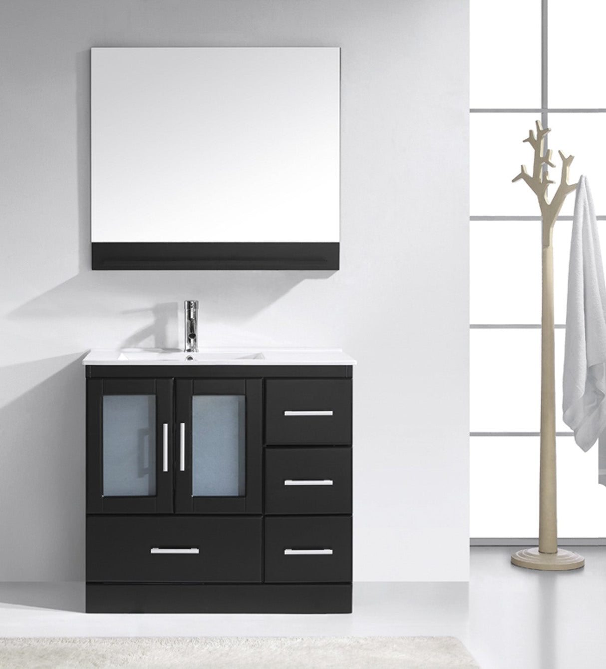 Virtu USA Zola 36" Single Bath Vanity with White Ceramic Top and Integrated Square Sink with Brushed Nickel Faucet with Matching Mirror