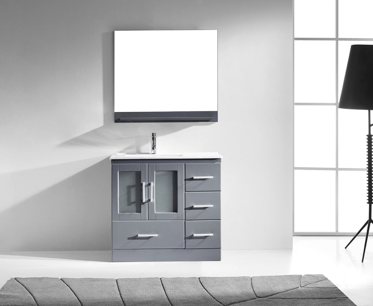 Virtu USA Zola 36" Single Bath Vanity with White Ceramic Top and Integrated Square Sink with Brushed Nickel Faucet with Matching Mirror