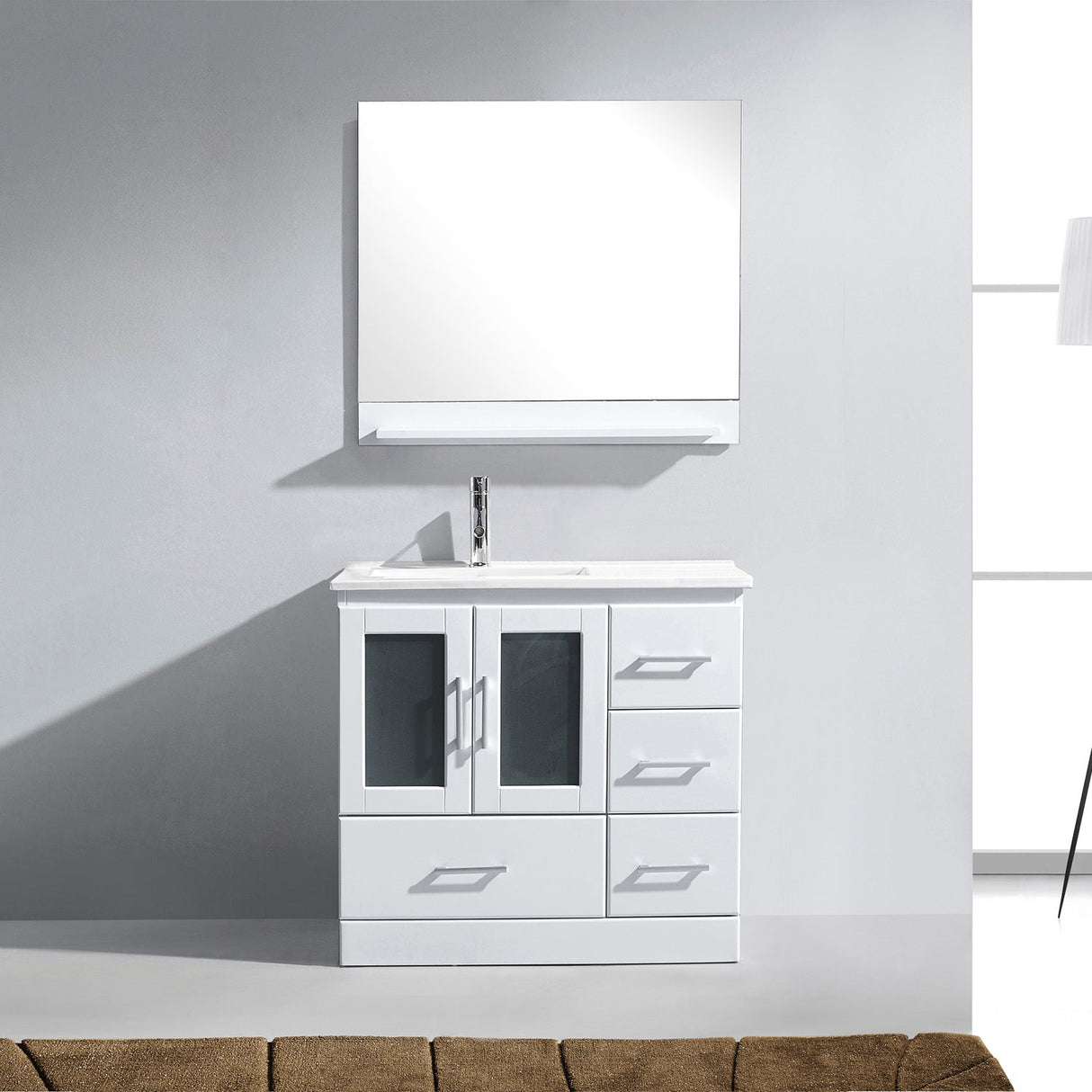 Virtu USA Zola 36" Single Bath Vanity with White Ceramic Top and Integrated Square Sink with Brushed Nickel Faucet with Matching Mirror