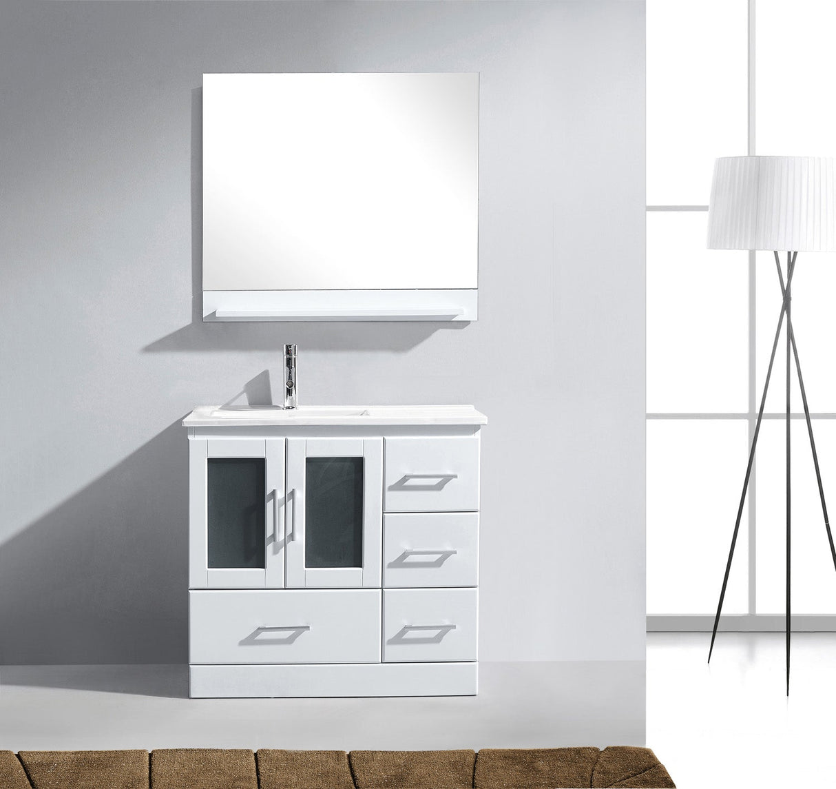 Virtu USA Zola 36" Single Bath Vanity with White Ceramic Top and Integrated Square Sink with Brushed Nickel Faucet with Matching Mirror