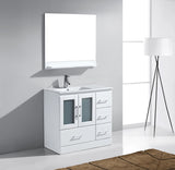 Virtu USA Zola 36" Single Bath Vanity with White Ceramic Top and Integrated Square Sink with Brushed Nickel Faucet with Matching Mirror