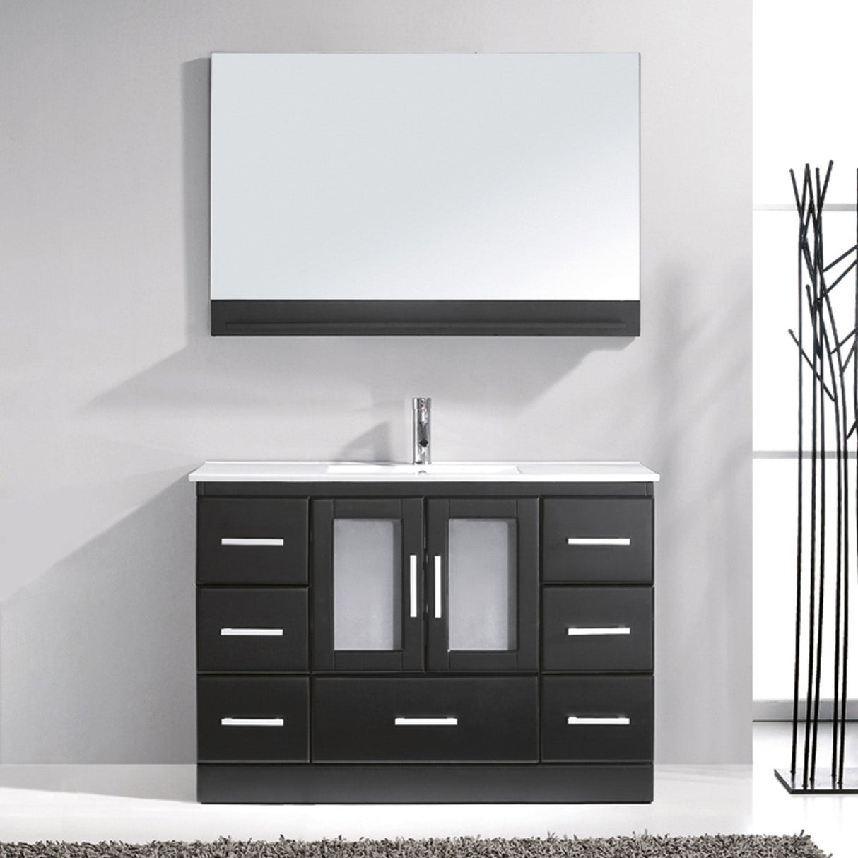 Virtu USA Zola 48" Single Bath Vanity with White Ceramic Top and Integrated Square Sink with Brushed Nickel Faucet with Matching Mirror