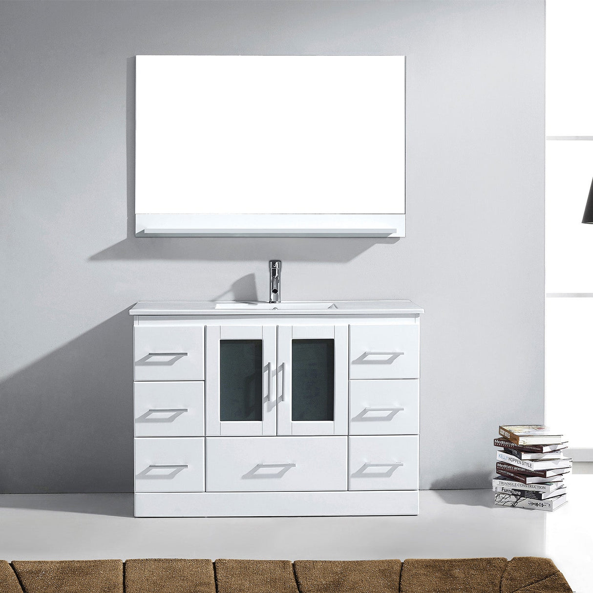 Virtu USA Zola 48" Single Bath Vanity with White Ceramic Top and Integrated Square Sink with Brushed Nickel Faucet with Matching Mirror