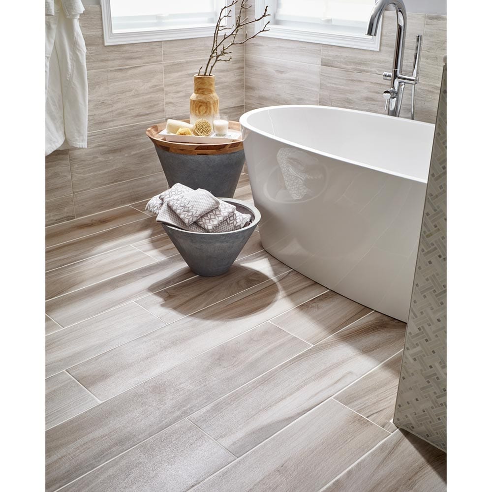 MSI Wood Collection aspenwood ash 9x48 NASPASH9X48 glazed ceramic floor wall tile room shot bathroom white bathtub