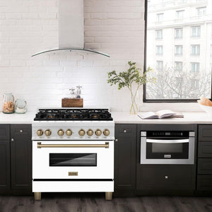 ZLINE Autograph Edition 36 in. 4.6 cu. ft. Legacy Dual Fuel Range with 6 Burner Gas Cooktop and Electric Convection Oven in DuraSnow® Stainless Steel with White Matte Door and Champagne Bronze Accents (RASZ-WM-36-CB)