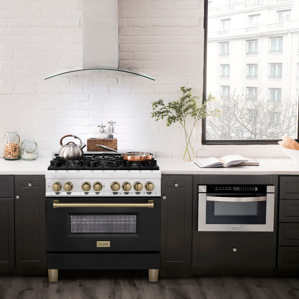 ZLINE Autograph Edition 36 in. 4.6 cu. ft. Dual Fuel Range with Gas Stove and Electric Oven in Stainless Steel with Black Matte Door and Champagne Bronze Accents (RAZ-BLM-36-CB)