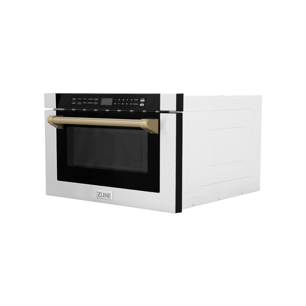 ZLINE Autograph Edition 24 in. 1.2 cu. ft. Built-in Microwave Drawer with a Traditional Handle in Stainless Steel and Champagne Bronze Accents (MWDZ-1-H-CB)