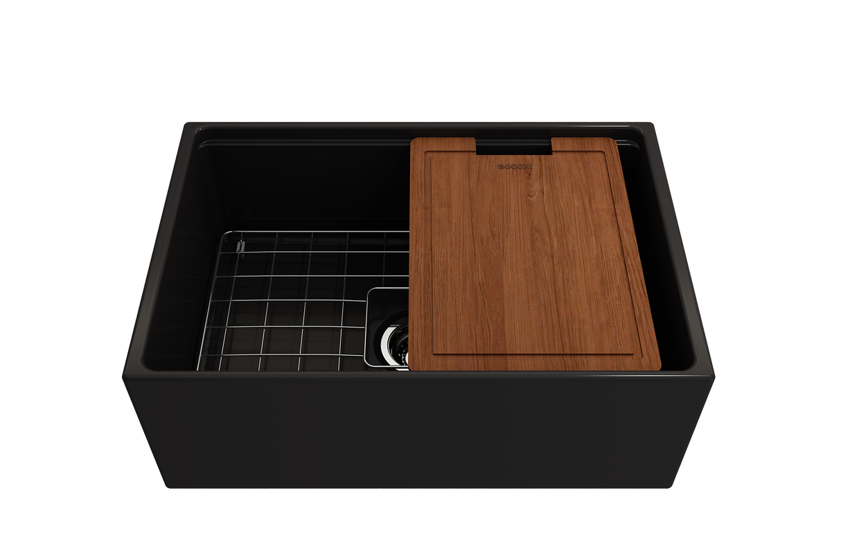 BOCCHI 1628-004-0120 Contempo Step-Rim Apron Front Fireclay 27 in. Single Bowl Kitchen Sink with Integrated Work Station & Accessories in Matte Black