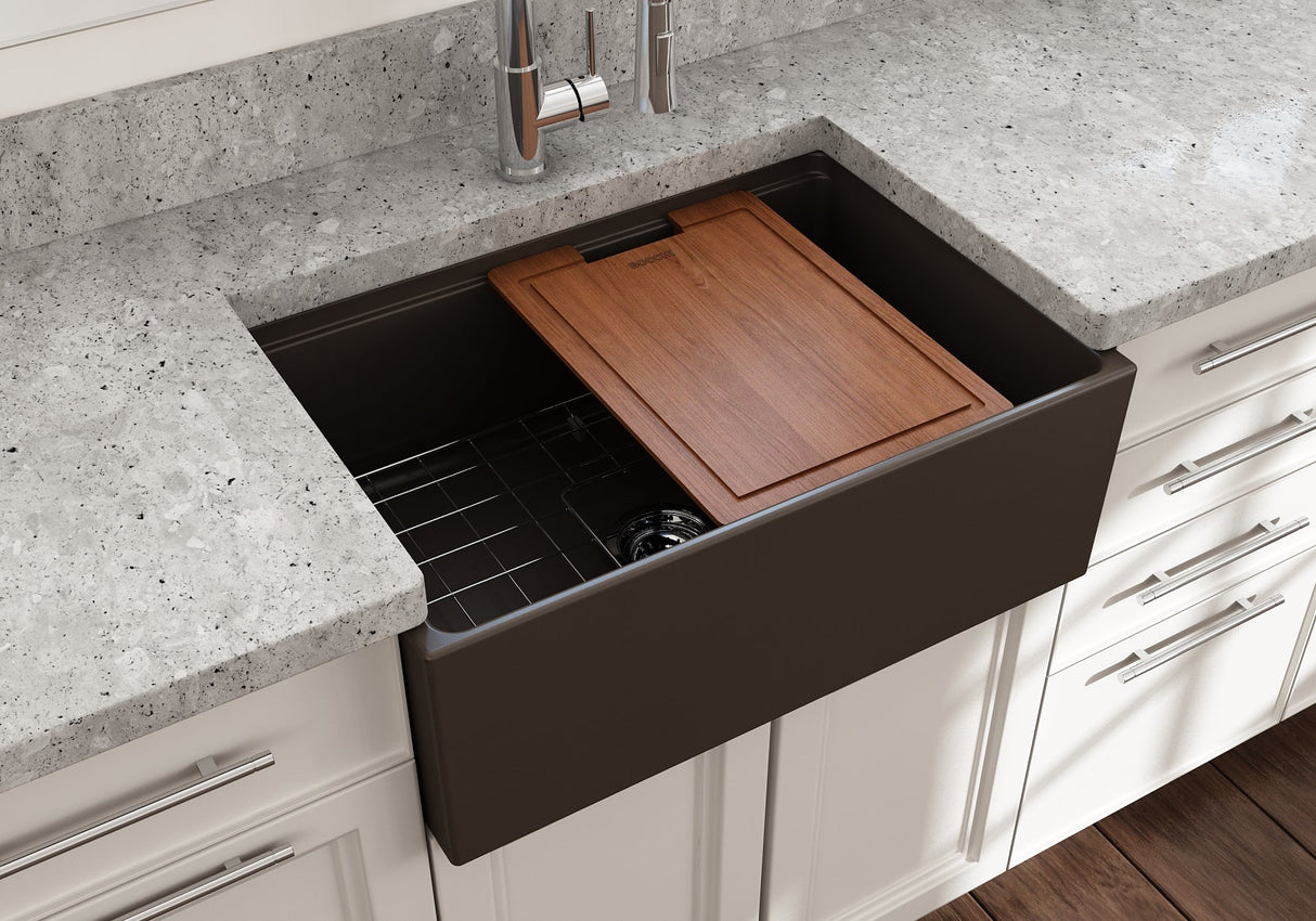 BOCCHI 1628-025-0120 Contempo Step-Rim Apron Front Fireclay 27 in. Single Bowl Kitchen Sink with Integrated Work Station & Accessories in Matte Brown