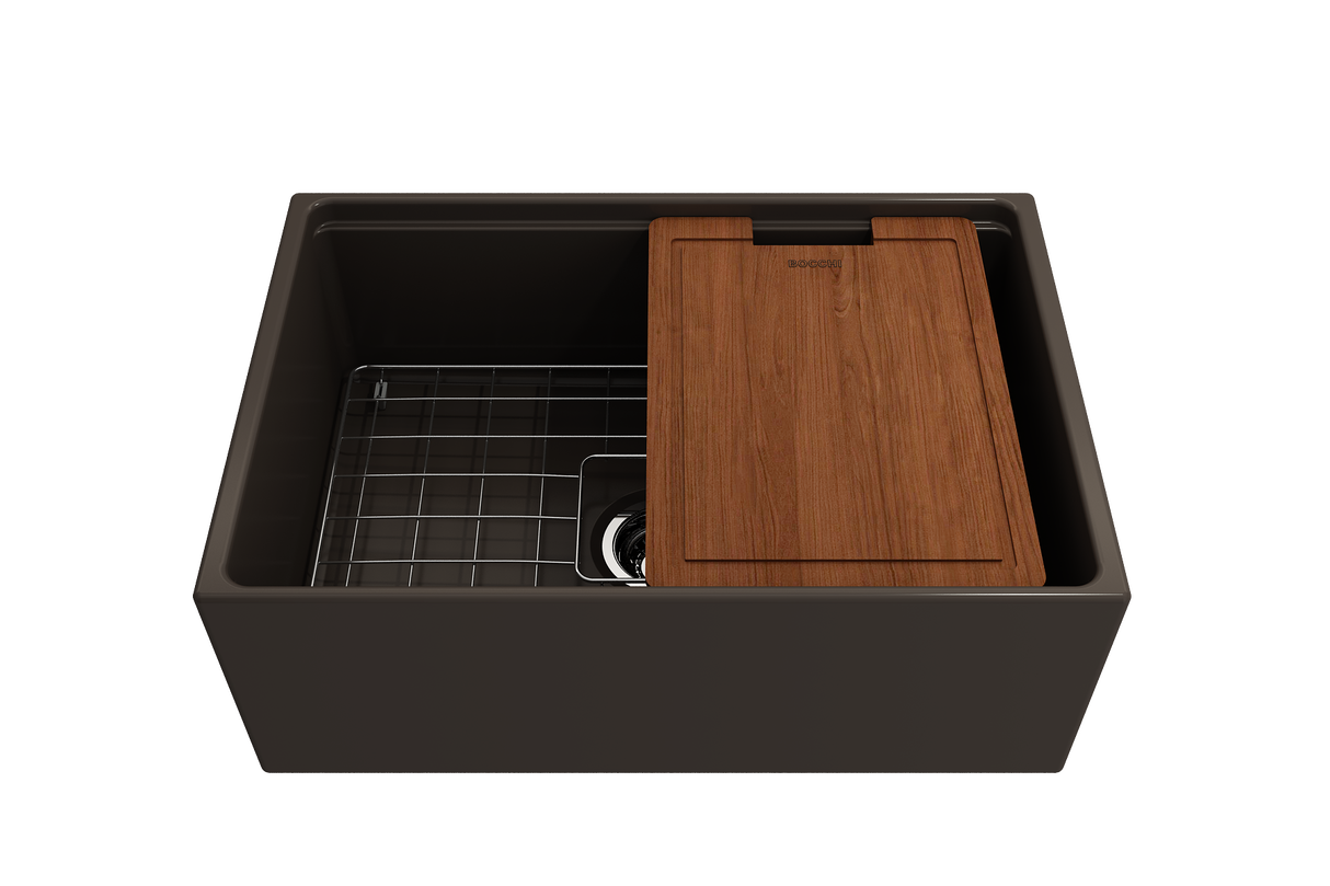 BOCCHI 1628-025-0120 Contempo Step-Rim Apron Front Fireclay 27 in. Single Bowl Kitchen Sink with Integrated Work Station & Accessories in Matte Brown