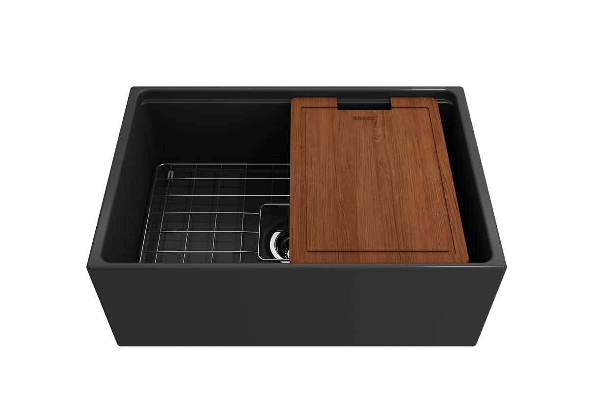 BOCCHI 1628-020-0120 Contempo Step-Rim Apron Front Fireclay 27 in. Single Bowl Kitchen Sink with Integrated Work Station & Accessories in Matte Dark Gray