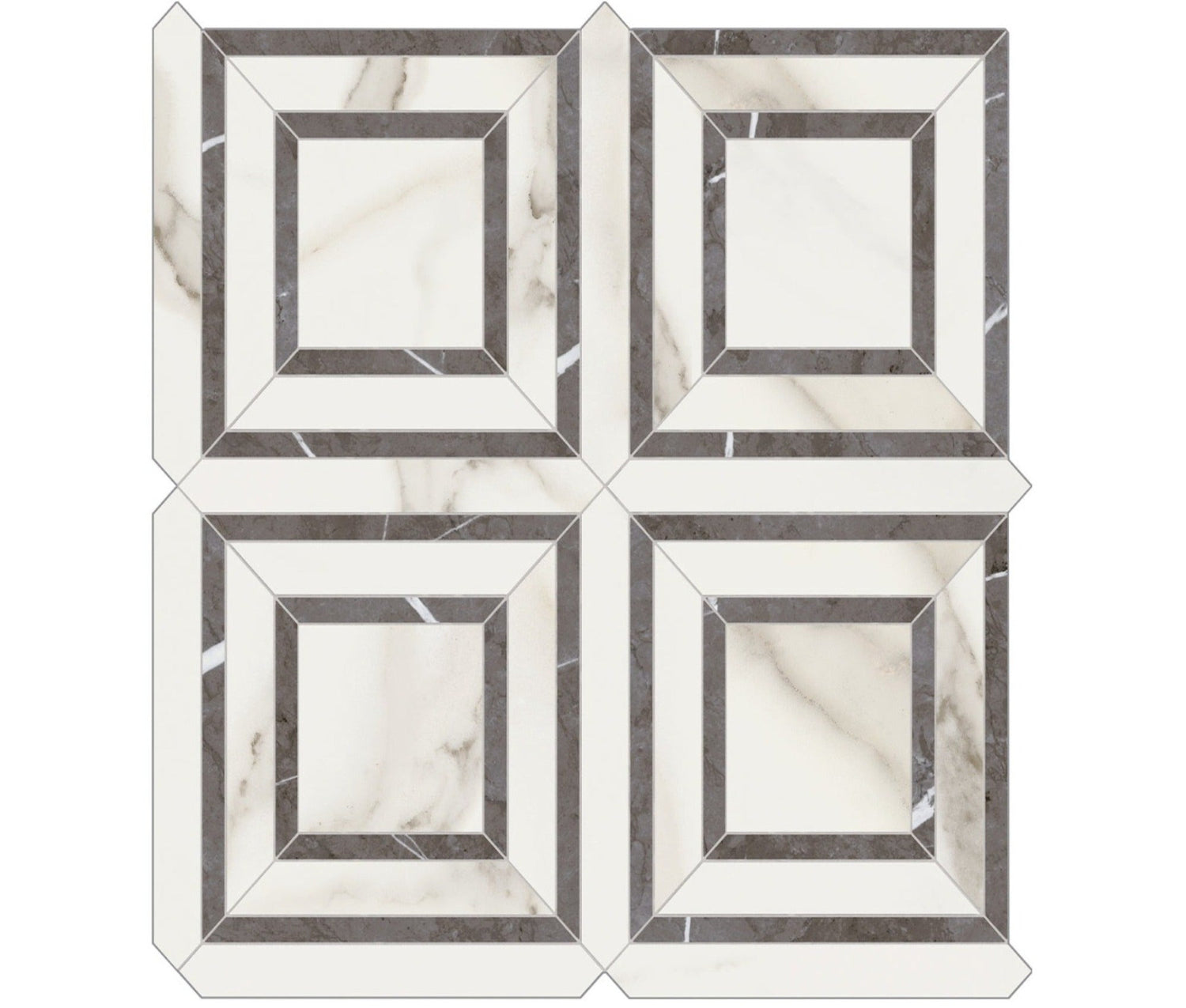 Anatolia Tile Mayfair Calacatta Piazza Polished Porcelain Mosaics. 1 Sheet = .96 Sq. Ft. 4501-0153-1 Calacatta Oro Piazza - premium natural stone mosaic tile from Anatolia Tile, available at PoshHaus showroom in Keene, NH