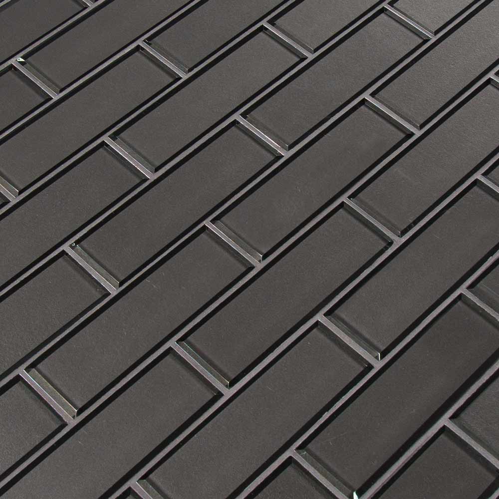 Metallic gray bevel subway 11.73X11.73 glass mesh mounted mosaic tile SMOT GLSST MEGRBE8MM product shot multiple tiles angle view