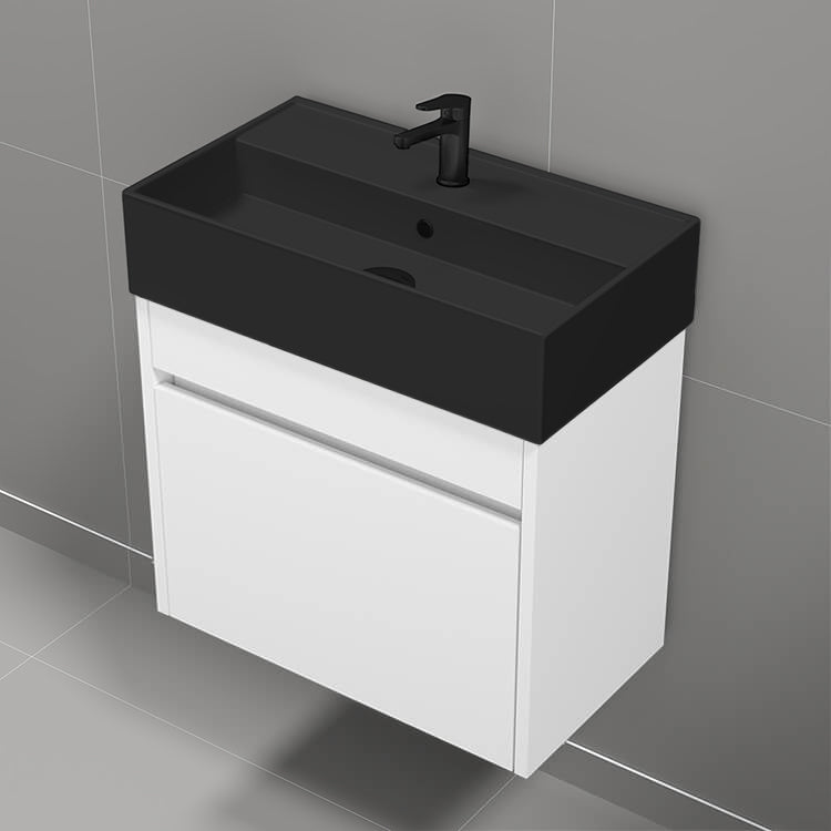 Small Bathroom Vanity With Black Sink, Floating, Modern, 24", Glossy White