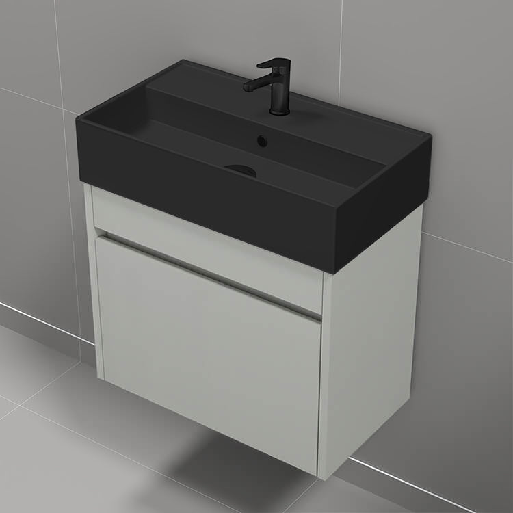Small Bathroom Vanity With Black Sink, Wall Mount, Modern, 24", Grey Mist