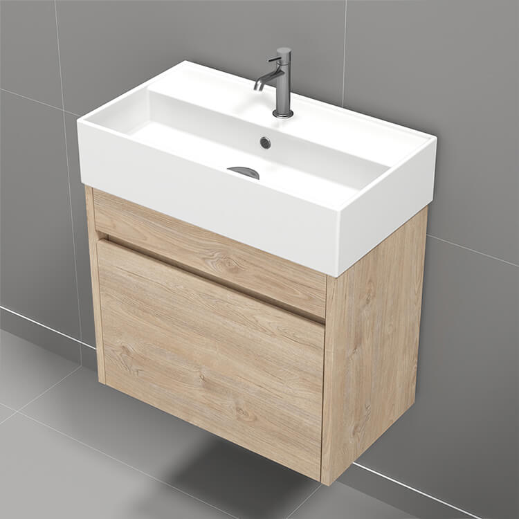 Small Bathroom Vanity, Modern, Wall Mounted, 24", Brown Oak
